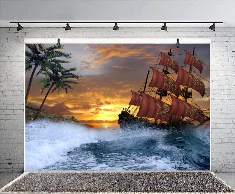 AOFOTO 5x3ft Pirate Party Backdrop Background for Photography Vintage Corsair Pirate Sailing Ship Roaring Sea Waves Ocean Island Nautical Adventure Backdrop Decorations Boys Birthday Photo Props - Image 4